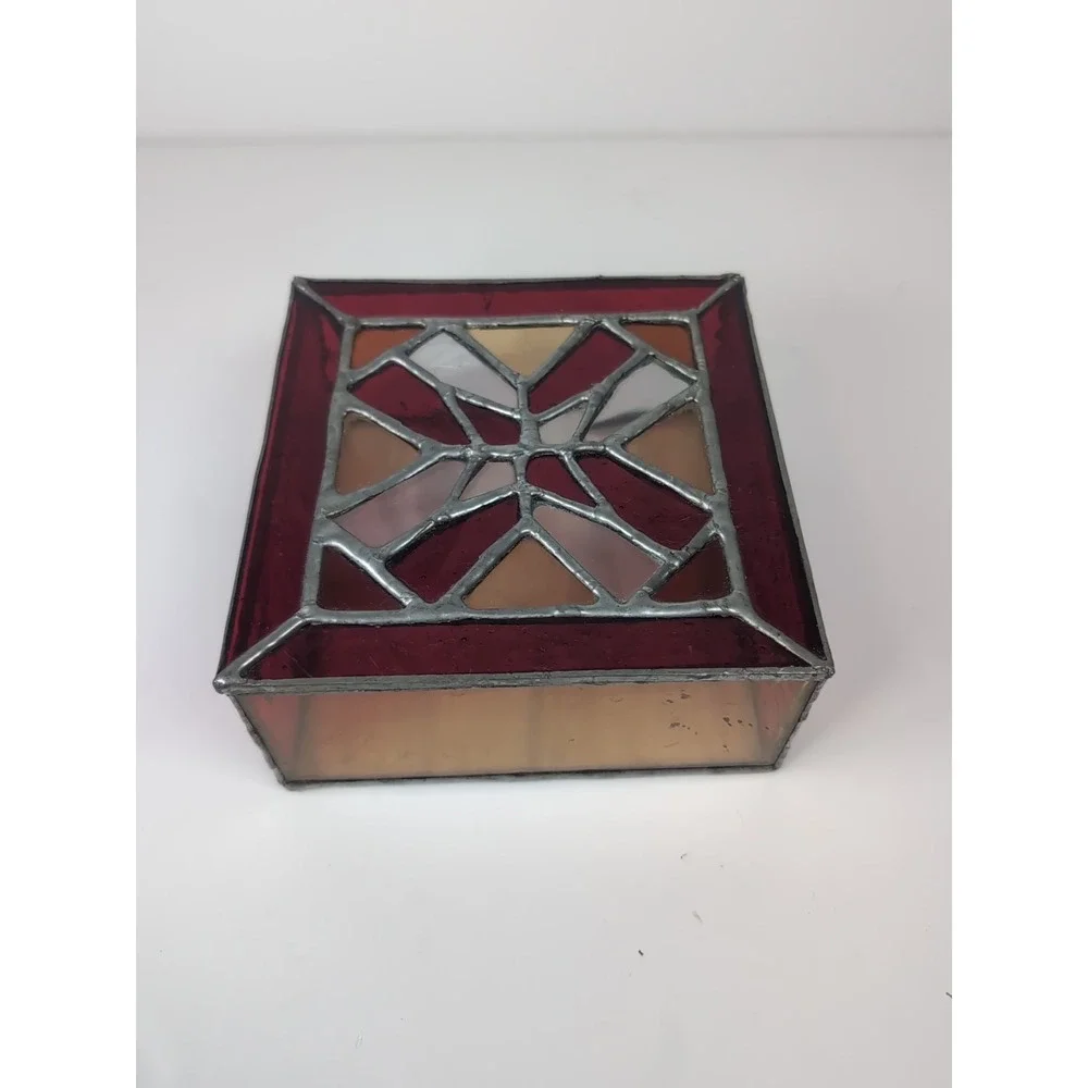 Stained Glass Trinket Box W/Top Red/Yellow Handmade Vintage Jewelry Cosmic 6X6x3
